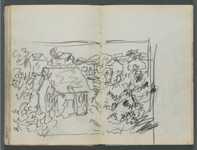 素描本，《戴尔斯》，第 127 册，第 154 和 155 页：有房屋的风景 作者 莫里斯·普伦德加斯特