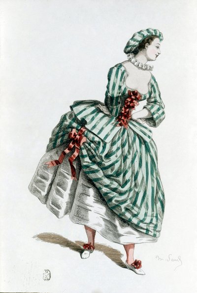 1855年，科隆宾（corallina）的服装和面具，喜剧艺术中的女性角色。A.Manceau的雕刻作品，出自《面具》，莫里斯-桑（1823-1889）的文字和绘画，19世纪 私人收藏 作者 莫里斯·桑德