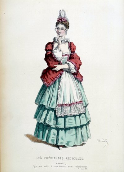 让·巴蒂斯特·波克兰 (Jean Baptiste Poquelin dit Moliere) 创作的作品“Les precieuses 嘲讽”中马德隆的服装，由莫里斯·桑 (Maurice Sand，1823-1889 年) 绘制。 1868.巴黎，法国喜剧 作者 莫里斯·桑德