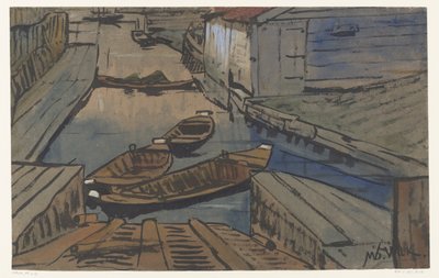 谷仓之间沟渠中的船只 作者 Maurits van der Valk