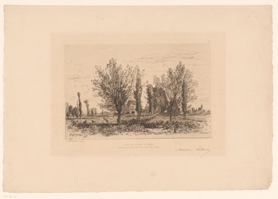 草地和城镇景观
Dans les champs de Cénon.(物品上的标题） 作者 Maxime François Antoine Lalanne（艺术家签名）
