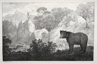 与熊的多山风景在前景。 作者 马克西米利安·约瑟夫·瓦根鲍尔