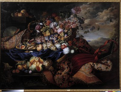 地毯上的水果篮、鲜花和琵琶。 马克西米利安·菲勒（Maximilian Pfeiler，1481-1536）的绘画。 强制提及：收藏基金会问候德普罗旺斯，马赛（cm 145x196,5） 作者 马克西米利安·菲勒（Maximilian Pfeiler）或普菲勒（Pfeiller）