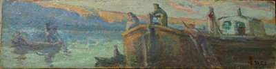 有驳船和船只的河流景观 作者 马克西米利安·卢斯（Maximilien Luce）