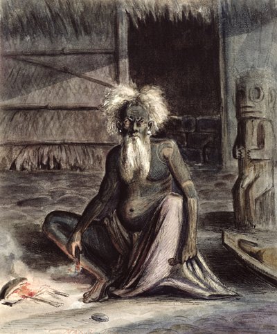 Tahiti的老人坐在Tiki附近，c.1841-48（笔和墨水在纸上） 作者 马克西米利安·拉格