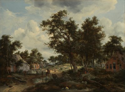 树木繁茂的风景，旅行者在穿过哈姆雷特的小路上，约1665年（布面油画） 作者 迈德特·霍贝玛