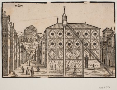 街道，前景为清真寺和独立尖塔 作者 梅尔基奥尔（Melchior Lorck）