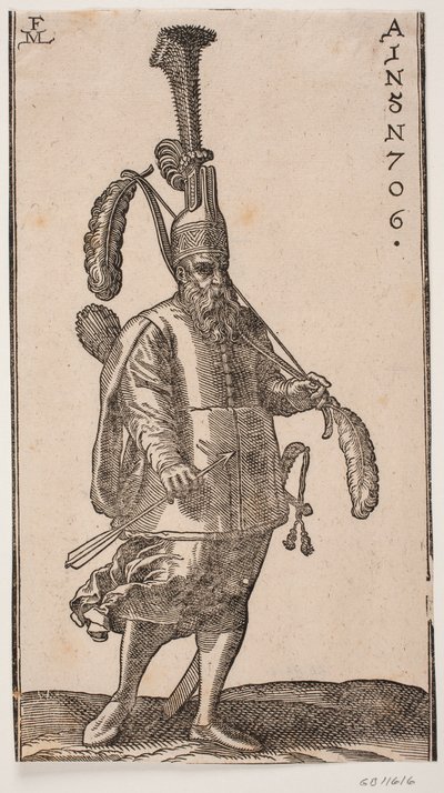 站立的士兵，转向画面右侧；头饰上有高高竖起的翎毛；左手持弓，弓的两端有大羽毛；右手持箭；背上有箭筒，身旁有剑 作者 梅尔基奥尔（Melchior Lorck）