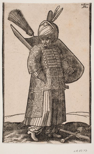 站立的厚腹士兵，右手插在口袋里，面向右方；头巾上插着两根羽毛；左侧是剑，左臂是带羽毛丛的盾牌；前方地面上是交叉的矛和长枪 作者 梅尔基奥尔（Melchior Lorck）