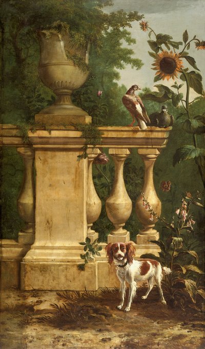 花园里的鸽子和狗，约1660-1690。 作者 Melchior d'Hondecoeter