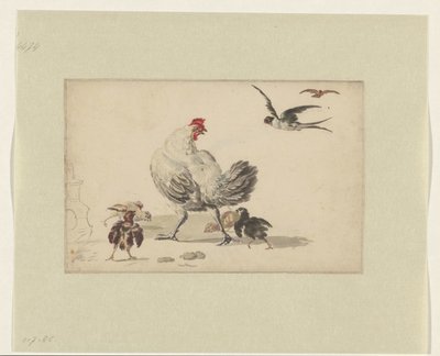 两只燕子和一只带着四只小鸡的母鸡 作者 Melchior d'Hondecoeter