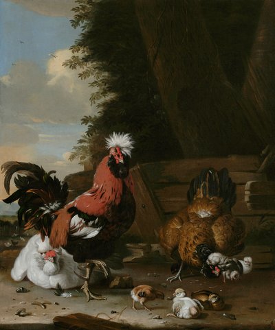 与母鸡和小鸡的矮脚鸡公鸡在仓前空地 作者 Melchior de Hondecoeter