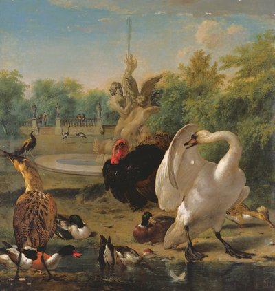 有天鹅和其他鸟类的公园（布面油画） 作者 Melchior de Hondecoeter
