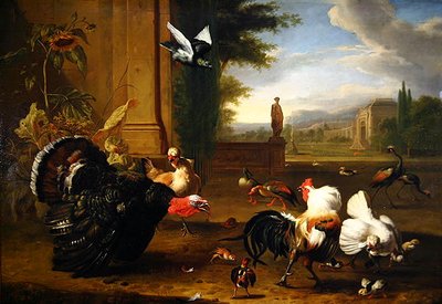 公园里的火鸡、公鸡和其他异国情调的家禽（布面油画） 作者 Melchior de Hondecoeter