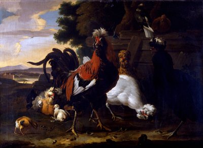树林中的篱笆边的公鸡、母鸡和小鸡 作者 Melchior de Hondecoeter