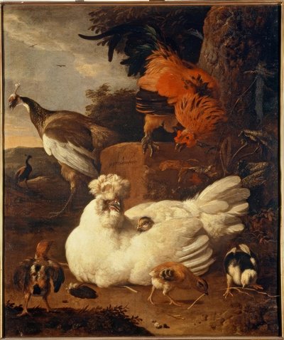 M. de Hondecoeter，有小鸡的婴儿 作者 Melchior de Hondecoeter