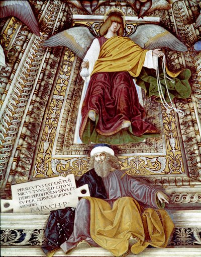 巴鲁克（Baruch ben Neria）耶利米的弟子和一位天使的代表作 梅洛佐-达-福里（Melozzo degli Ambrosi）（1438-1494）的壁画 圣马可（Marco）圣堂的冲天炉，洛雷托的圣堂。 作者 Melozzo da Forli