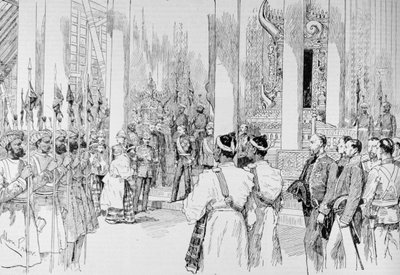 Dufferin勋爵在曼德勒皇宫的大王座房间举行大堤，来自“伦敦新闻画报”，1886年3月4日 作者 梅尔顿·普里尔