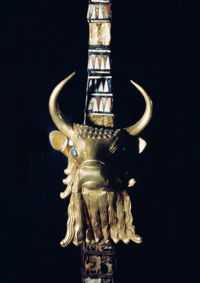 公牛的头，装饰从竖琴，公元前2800-2300（镀金木）（见198659） 作者 美索不达米亚