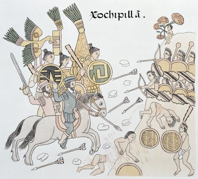 西班牙和阿兹特克人之间的Xochipilla之战，来自墨西哥印第安人图片历史Lienzo de Tlaxcala传真的插图，1850年，1592年 作者 墨西哥学校