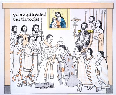 Caciques接受牧师在Hernando Cortes（1485-1547）的房子里的圣餐，插图来自墨西哥印第安人图片历史Lienzo de Tlaxcala的传真，1850年，1592年（颜色点亮） 作者 墨西哥学校