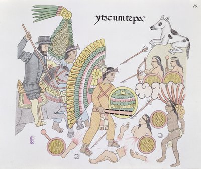 赫尔南多·科尔特斯（1485-1547）在Tenochtitlan的围困下，决定离开这座城市，插图来自墨西哥印第安人的历史照片Lienzo de Tlaxcala，照片于1892年1550年（彩色版画） 作者 墨西哥学校