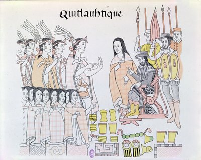 La Malinche（Dona Marina）在蒙特苏马（1466-1520）向Hernando Cortes（1485-1547）介绍妇女和黄金期间担任口译员从墨西哥印第安人图片传真中的插图 作者 墨西哥学校