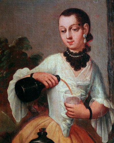 夫人在玻璃杯中倒酒（夫人在玻璃杯中倒酒）画面细节，墨西哥画派 作者 墨西哥学校