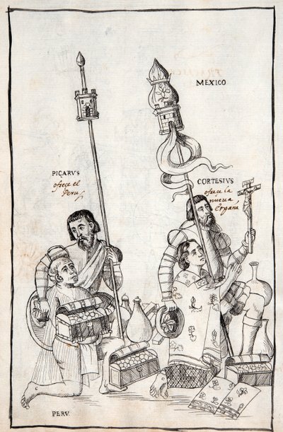 MS Hunter 242 f.248v Picarus（Pizarro）介绍秘鲁和Cortesius（科尔特斯）新西班牙，来自特拉斯卡拉历史的插图来自Diego Munoz Camargo 作者 墨西哥学校