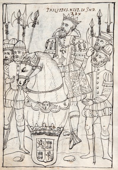 MS Hunter 242 f.249v菲利普二世坐在马背上，穿着金羊毛的命令，周围是男人的手臂，来自特拉斯卡拉历史的插图来自Diego Munoz Camargo（钢笔墨水） 作者 墨西哥学校