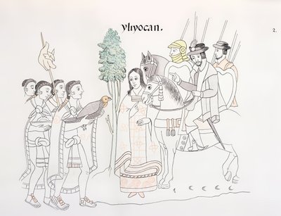 赫尔南多·科尔特斯（1485-1547）和阿兹台克人的会议，照片来自墨西哥印第安人图片历史Lienzo de Tlaxcala的传真，1850年，1592年 作者 墨西哥学校