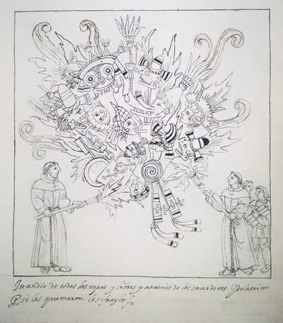 Hunter 242 f.242r Franciscan Friars焚烧传统书籍和衣服，来自Historia de Tlaxcala by Diego Munoz Camargo 作者 墨西哥学校