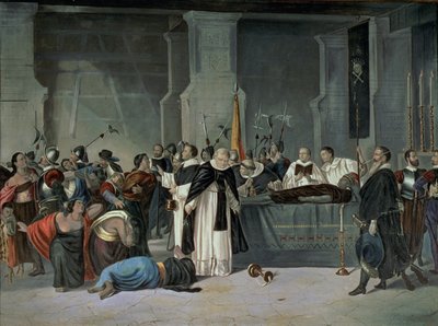弗朗西斯科-皮萨罗（Francisco Pizarro，约 1475-1541 年）在卡哈马卡镇参加的印加人阿塔瓦尔帕的葬礼（布面油画） 作者 Mexican School