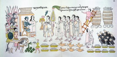 特拉斯卡兰酋长Maxixcatzin向Hernando Cortes（1485-1547）赠送了一束玫瑰和其他礼物，作为墨西哥印第安人图片历史的传真插图 作者 墨西哥学校