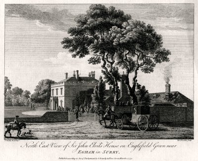 1775年，萨里郡埃格姆附近的恩格尔菲尔德格林（Englefield Green）上的约翰·艾维斯爵士爵士屋（Sir John Elvils House）的东北景观 作者 迈克尔·安吉洛·鲁克（Michael Angelo Rooker）