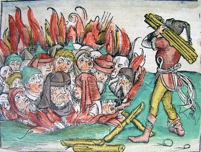 1338年从世界Schedels纪事报（The Schedels Chronicle of the World）于1338年在Deggendorf烧犹太人。 作者 迈克尔·沃尔吉姆特