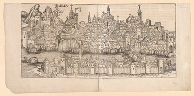 纽伦堡纪事：巴塞尔地形图，瑞士，1493年。 作者 迈克尔·沃尔吉姆特