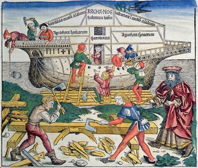 诺曼方舟的建筑，纽伦堡纪事报，Hartmann Schedel，1493年（彩色木刻） 作者 迈克尔·沃尔吉姆特