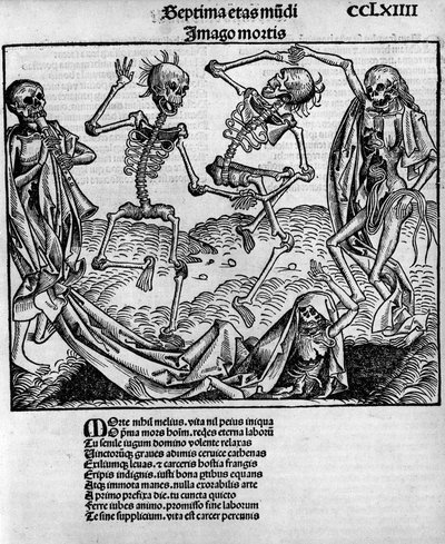 恐怖的舞蹈场景，有骷髅，--载于《纽伦堡编年史》，作者Hartmann Schedel（1440-1514），由Anton Koberger在纽伦堡编辑，7月12日 作者 迈克尔（Michael）和Pleydenwurff W.（卒于1494年）Wolgemuth
