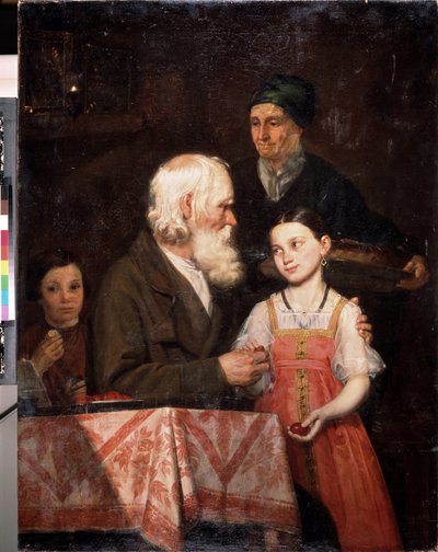 Paques (Easter). Un vieillard donne des oeufs teints en rouge a sa petite fille, la grand mere apporte une brioche traditionnelle de Paques. Peinture de Michail Andreevich Mokhov (1819-1903), huile sur toile   1411226   zh       chinese Successfully Transl 作者 米哈伊尔·安德烈耶维奇·莫霍夫