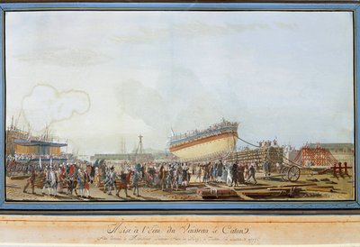 1777 年 7 月在普罗旺斯伯爵在场的情况下，在土伦港下水 Le Caton 号（水粉画） 作者 米歇尔·德·土伦