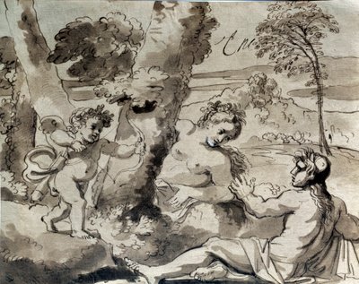 爱，一个牧羊人和一个若虫。 Michel Corneille (1642-1708) 的绘画 作者 米歇尔·德·塔佩斯特里斯科内尔