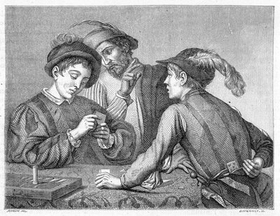 作弊者。19世纪的雕刻，描绘了卡拉瓦乔（il Caravaggio）1596年左右的作品。 作者 米开朗基罗（后）卡拉瓦乔