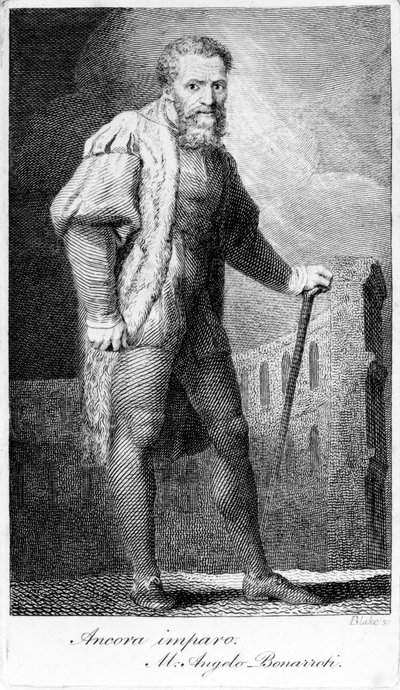 由William Blase雕刻的Ancora imparo，由Henry Fuseli撰写的“绘画讲座”插图，出版于1801年 作者 米开朗基罗（Michelangelo Buonarroti）
