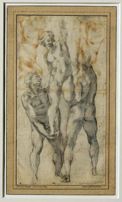 两个裸体男子抬起第三个人，约 1502-06 年... 作者 米开朗基罗（Michelangelo Buonarroti）