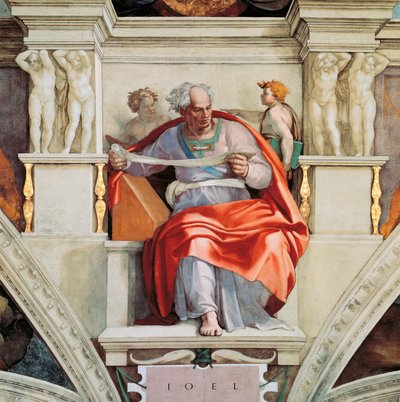 先知和西比人。Joel Sistine Chapel天花板在梵蒂冈，1508-1512。 作者 Michelangelo Buonarroti