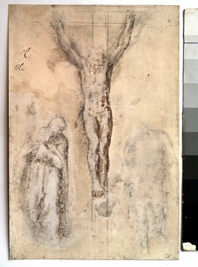 与圣母和圣约翰一起研究基督在十字架上的受难表现。 Michelangelo Buonarroti dit Michelangelo (Michelangelo or Michel Ange) 的绘画 作者 米开朗基罗（Michelangelo Buonarroti）