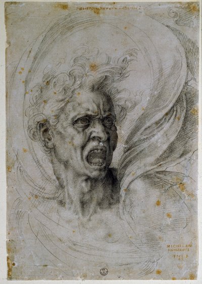 研究一个尖叫的人的头。 米开朗基罗·博纳罗蒂 (Michelangelo Buonarroti) 的绘画，被称为 Michel Ange 或 Michelangelo 或 Michelangelo (1475-1564)。 佛罗伦萨，乌菲齐博物馆（佛罗伦萨，乌菲齐版画和素描部）。 作者 米开朗基罗（Michelangelo Buonarroti）