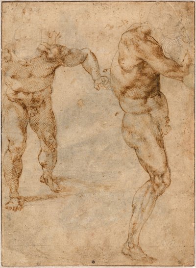 关于一个男人向前冲而另一个向右拐的两个裸体研究，c。 1504 作者 米开朗基罗（Michelangelo Buonarroti）