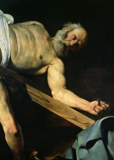 圣彼得在十字架上钉死，圣彼得细节，1600-01 作者 米开朗基罗·梅里西·卡拉瓦乔